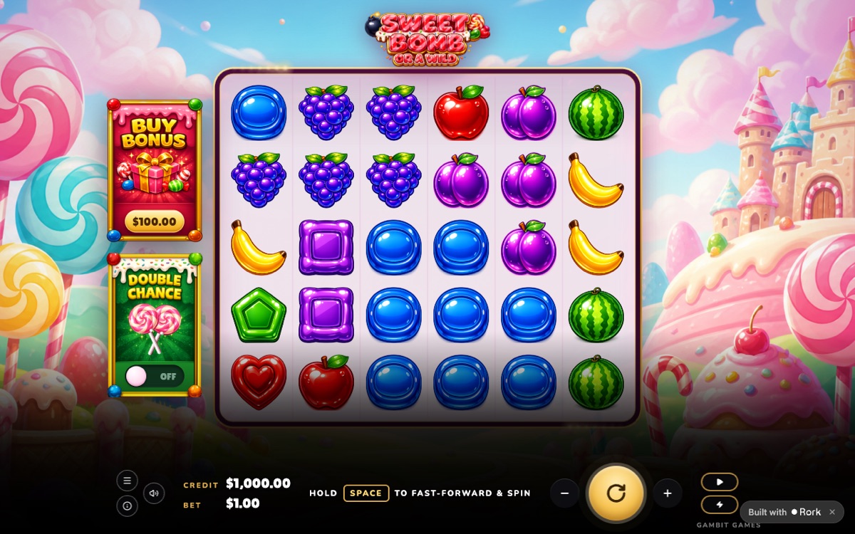 Sweet Bomb or a Wild gameplay board, a candy-cascade grid of fruit and candy symbols